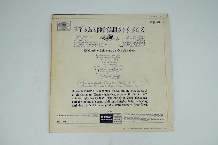 Three Tyrannosaurus Rex LP record albums; My People Were Fair and Had Sky in their Hair… stereo on EMI SLRZ1003 with lyric sheet (missing manuscript), Prophets Seers & Sages, and A Beard of Stars, with lyric sheet. Condi